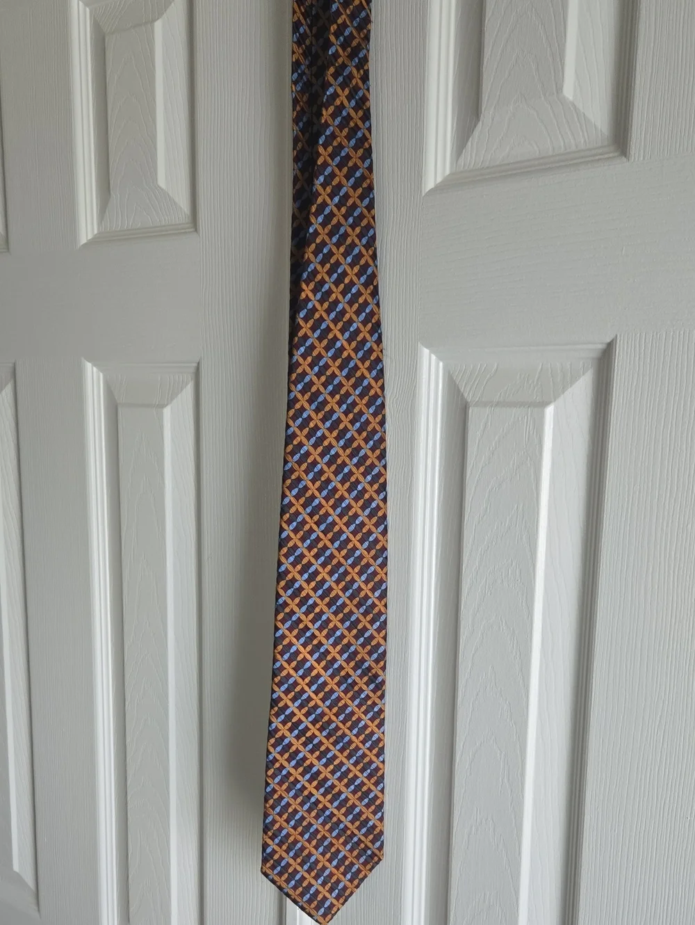 Jhane Barnes Wine, Blue And Gold Tie with Geometric Motif